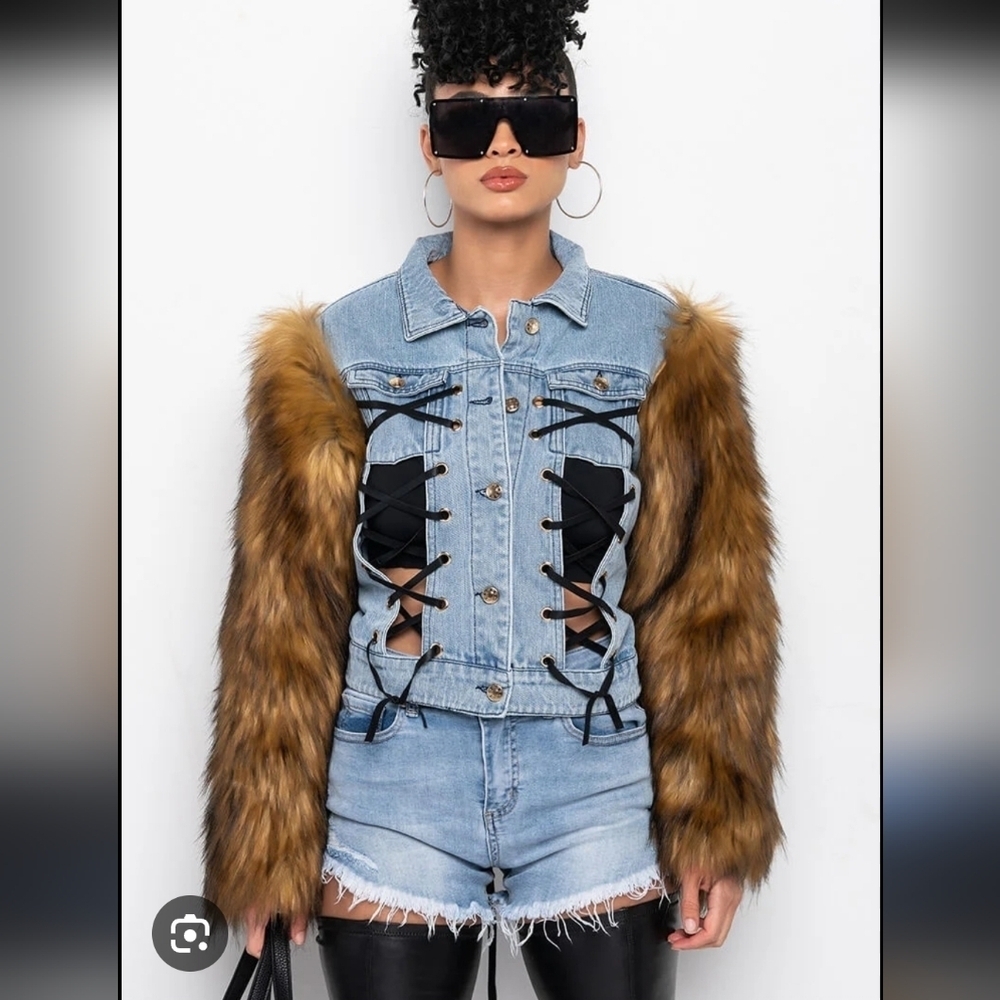 Mazzi Bella denim jacket with faux fur sleeves and lace-up details Sz Large